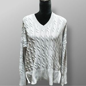 Jones New York Cable Knit Sweater Womens Medium Blue V-Neck Cotton Blend